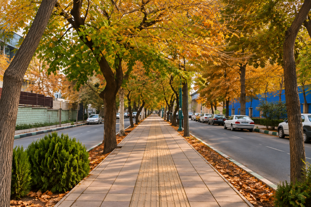 نمای بلوار ماهان جهانشهر کرج با فضای سبز و خیابانهای مسکونی منطقه